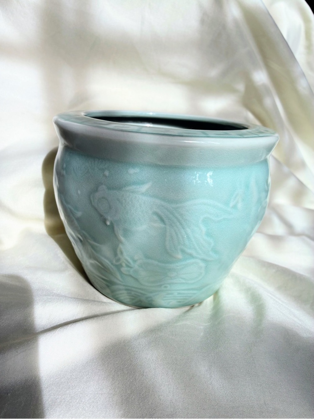 Chinese celadon glazed ceramic fishbowl with koi and goldfish decoration